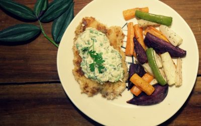 Breaded Fish with Oven-Roasted Veggies and Herb-infused Yogurt Pickle Sauce