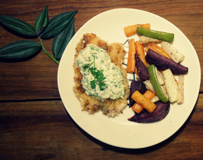 Breaded Fish with Oven-Roasted Veggies and Herb-infused Yogurt Pickle Sauce