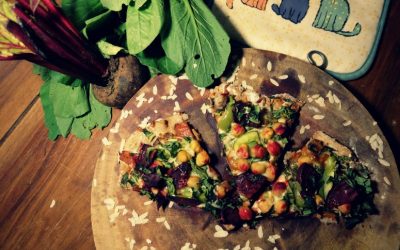 Buckwheat Pizza with Red Beet, Spinach, and Chickpea