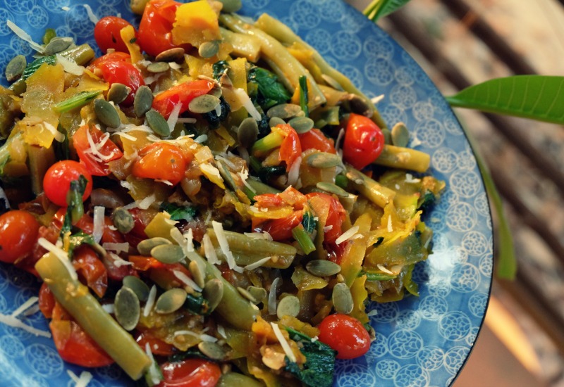 Butternut Spiralized Veggies with Green Beans, Cherry Tomatoes, and Spinach
