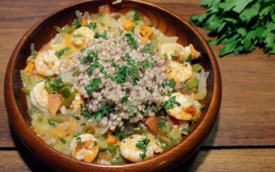 Coconut Shrimp with Vegetable Sauce and Buckwheat
