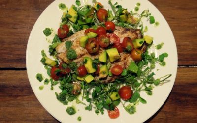 Grilled Red Snapper Filet with Cherry Tomato and Avocado Salsa and Minty Watercress Sauce