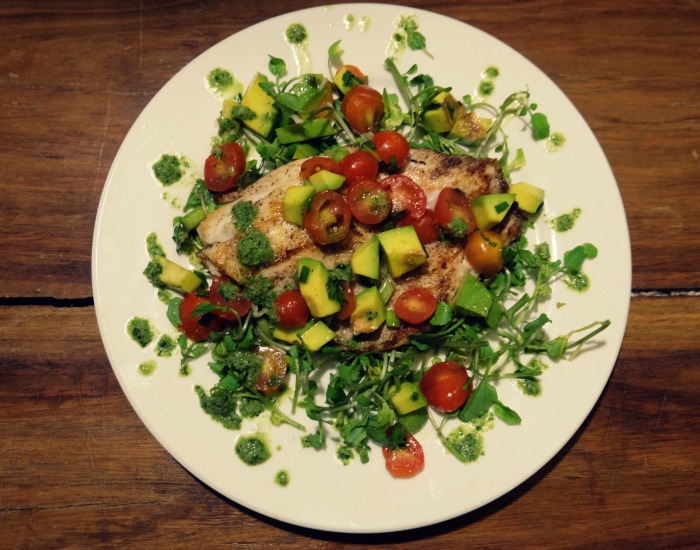 Grilled Red Snapper Filet with Cherry Tomato and Avocado Salsa and Minty Watercress Sauce