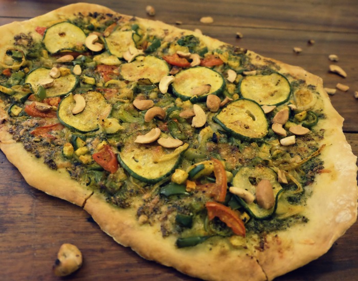 Homemade Pizza with Pesto, Zucchini and Cashew Nuts