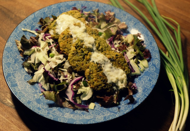 Lemon Kale Falafel with Cabbage Salad and Garlic Yogurt Sauce