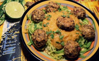 Vegan Lentil Meatballs with Zucchini Pasta and Tomato Sauce