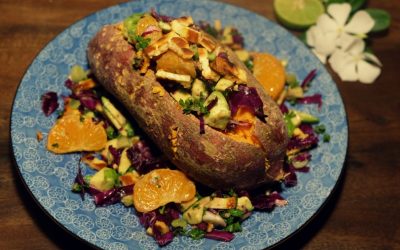 Loaded Sweet Potato with Avocado, Tangerine, and Crunchy Halloumi