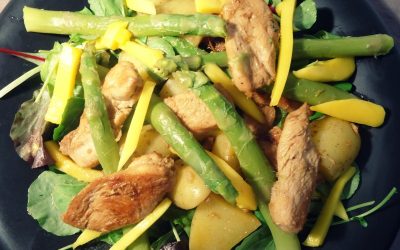 Marinated Mango Chicken Salad with Green Asparagus and Orange Dressing