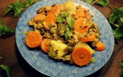 Minced Turkey with Veggies and Minty Roasted Eggplant Sauce