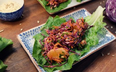 Orange Avocado Romaine Lettuce Boats with Spicy Sunflower Sauce