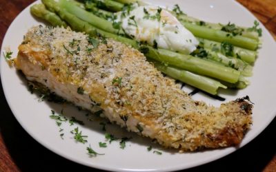 Panko Crusted Honey Mustard Salmon with Green Asparagus and Poached Egg