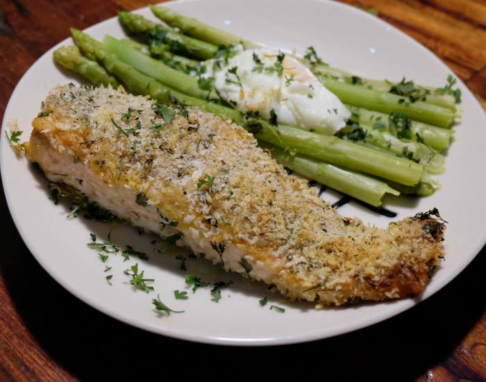 Panko Crusted Honey Mustard Salmon with Green Asparagus and Poached Egg