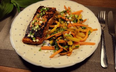 Sesame Marinated Salmon with Stir-Fried Veggies