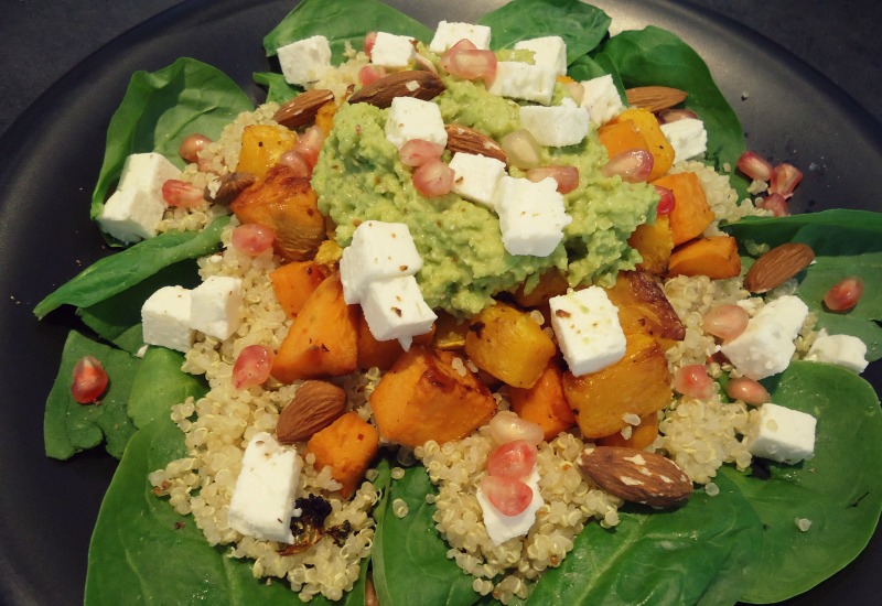 Spicy Quinoa with Roasted Vegetables and Curried Avocado Cream