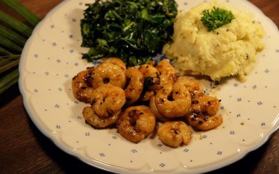 Spicy Shrimp with Cauliflower Mash and Garlic Kale