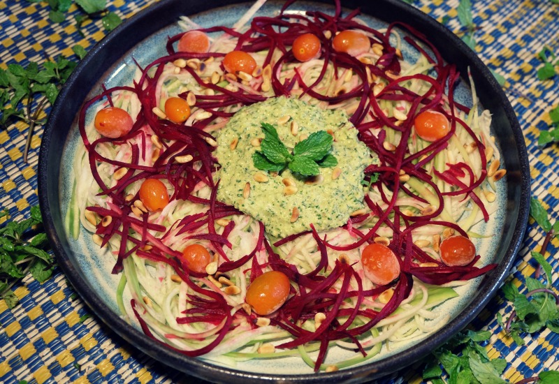 Zucchini and Red Beet Noodles with Avocado Dressing