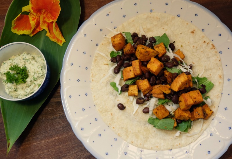 Sweet Potato and Black Bean Wrap with Parsley Cashew Sauce