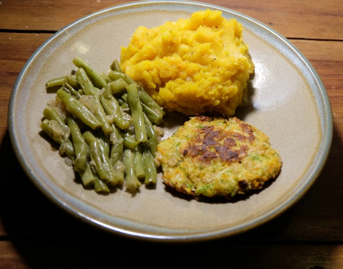 Veggie Burger with Green Beans and Pumpkin Mash