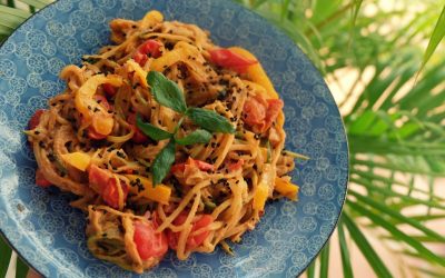 Zucchini Pasta with Cherry Tomatoes and Sesame Peanut Sauce