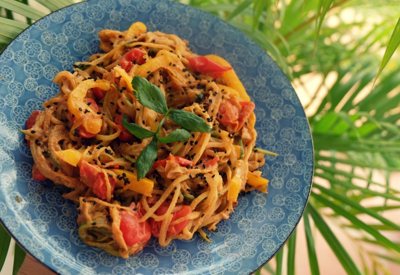 Zucchini Pasta with Cherry Tomatoes and Sesame Peanut Sauce