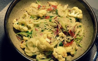 Zucchini Pasta with Roasted Cauliflower and Crispy Coppa