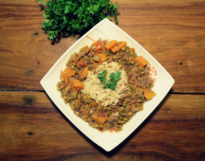 One Pan Lentil Stew with Vegetables and Brown Rice