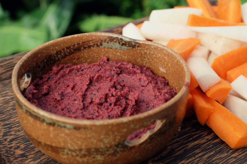 Red Beet Hummus with Black Sesame Seed Tahini