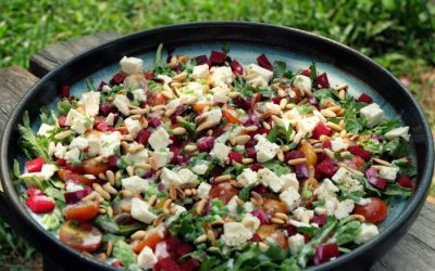 Arugula, Red Beet, and Cherry Tomato Salad with Feta Cheese