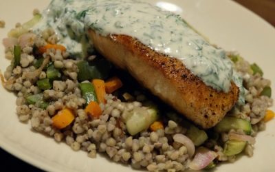 Baked Salmon with Dill Yogurt, Roasted Veggies and Buckwheat