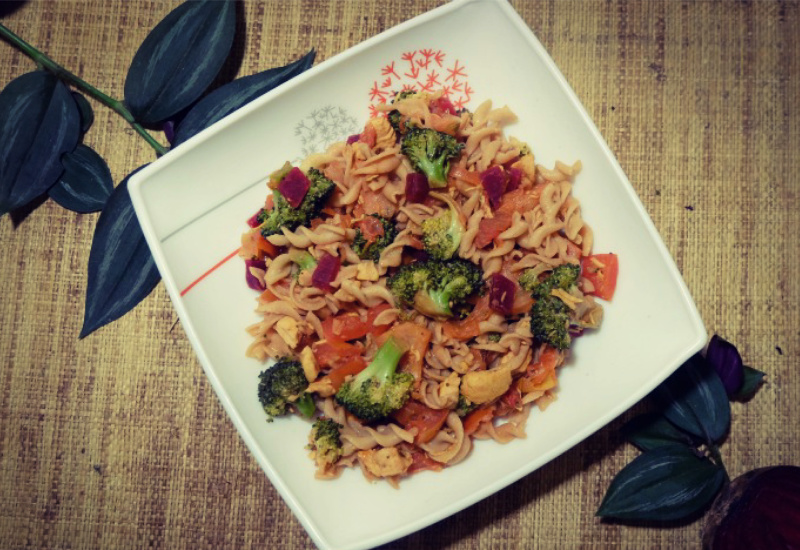 Broccoli Pineapple and Red Beet Pasta with Chicken